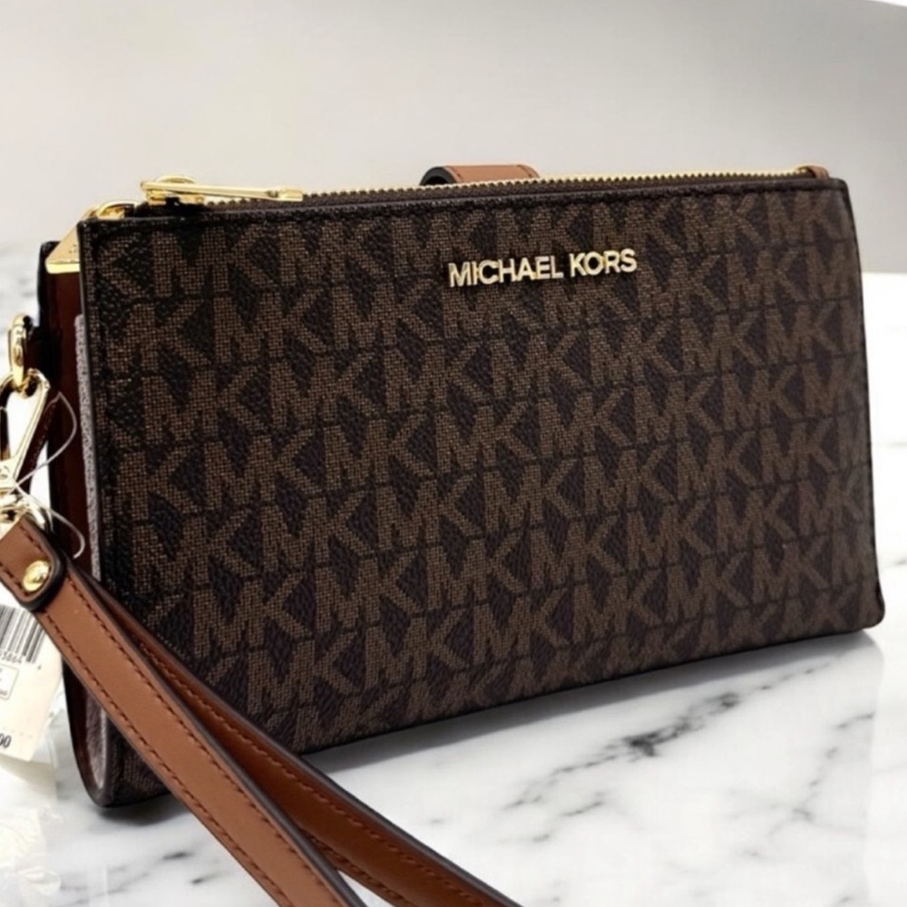 Michael Kors Large Jet Set Travel Double Zip Wallet Brown/Gold